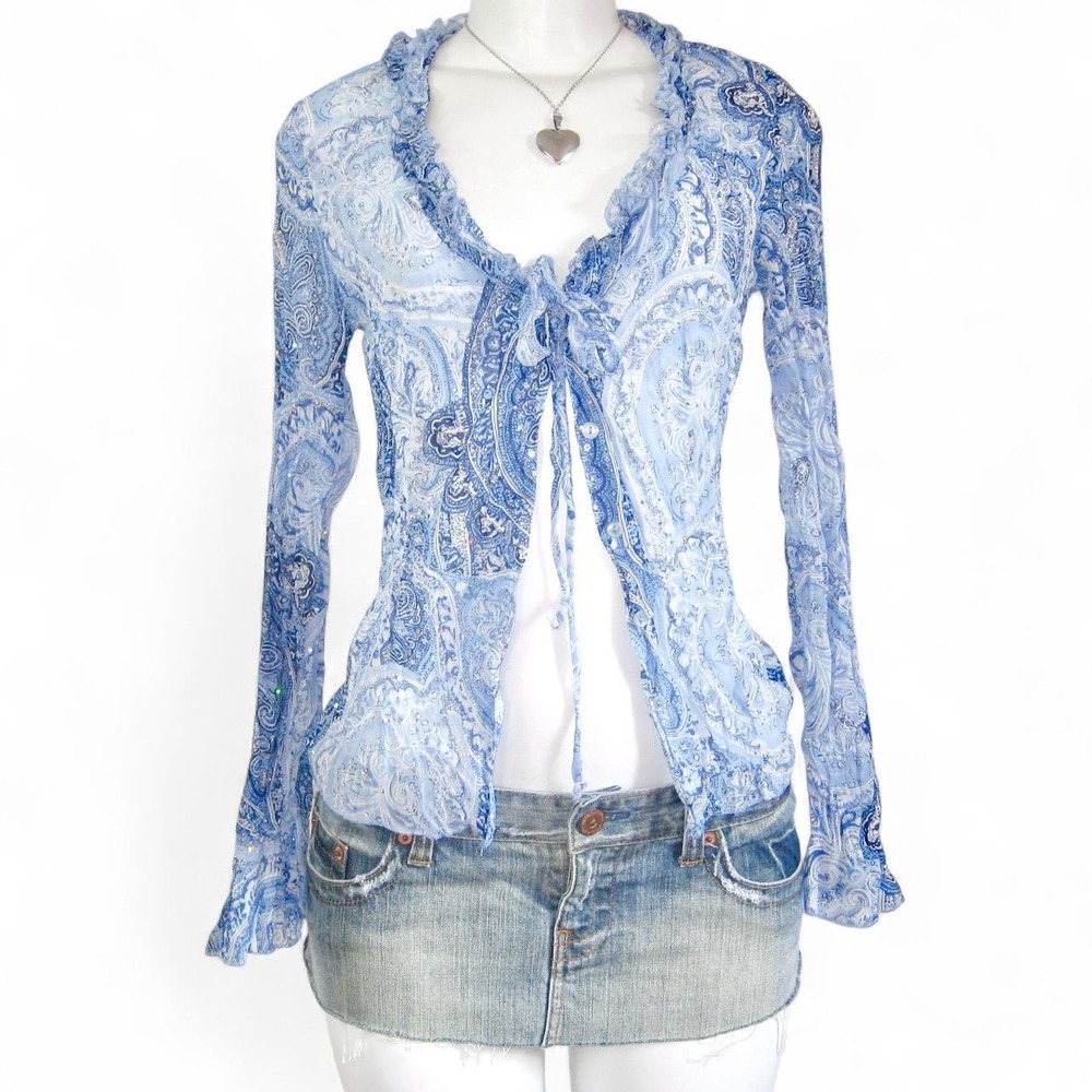 No Boundaries Y2K Blue Paisley Tie Front Top fairycore
